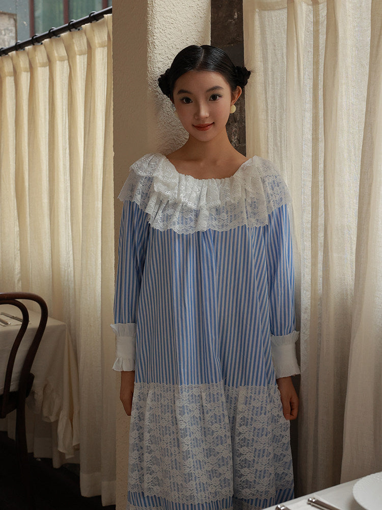 Nanjun Vintage - Blue Stripe Lace Princess Maxi Dress dress Nanjun Vintage