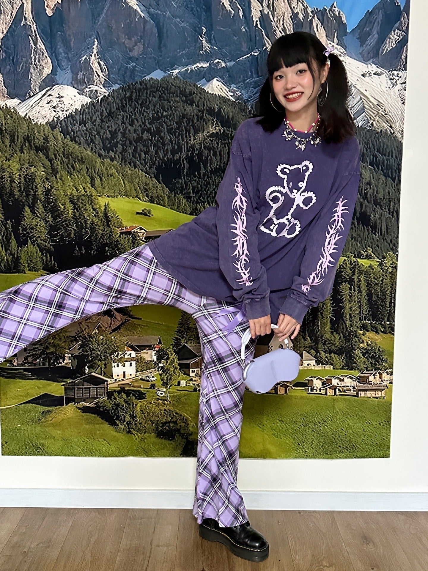 BunnyBunnyGun - Y2K Flare Pants Purple Plaid Retro Loose Fit pants bunnybunnygun