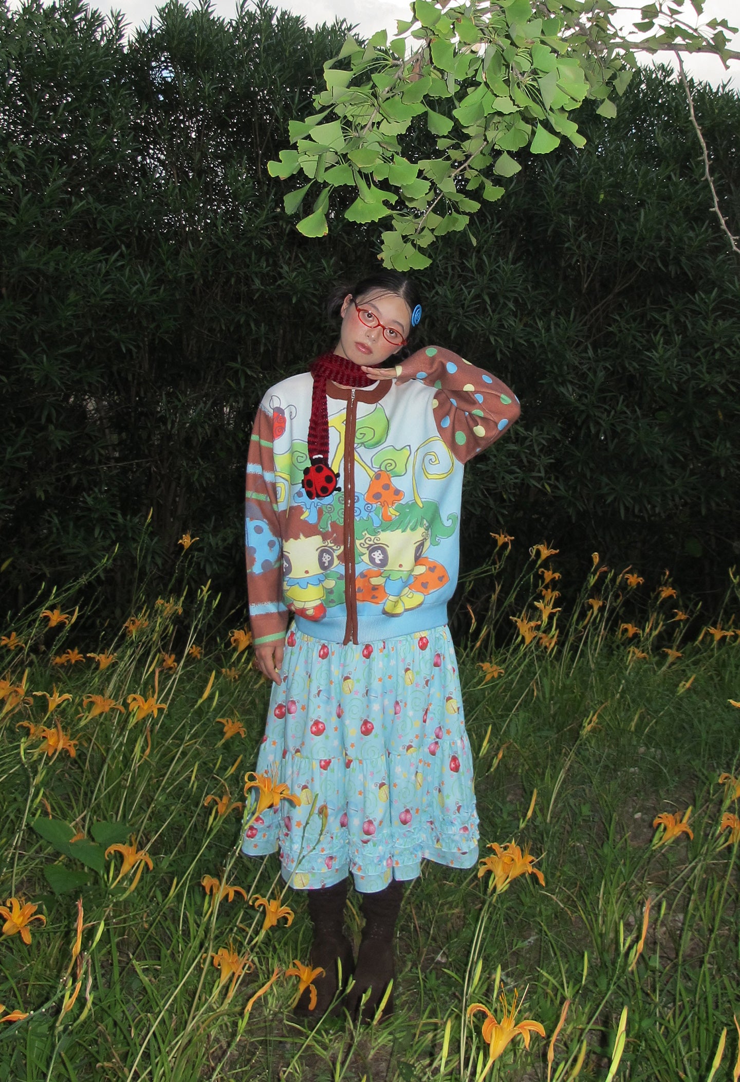 FruFru - Kawaii Knit Cardigan Blue Brown Printed Sweater cardigan frufru