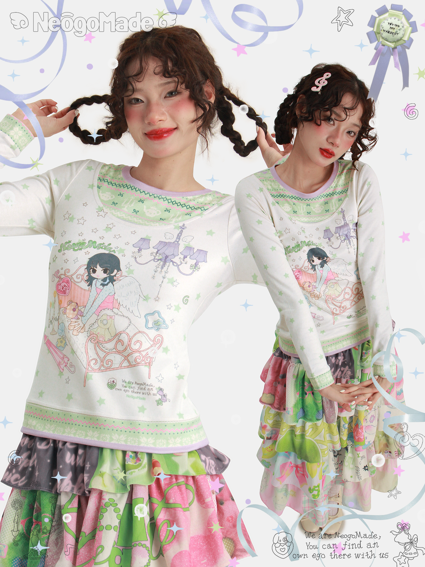 NeogoMade – Kawaii Knit Patchwork Layered Long Sleeve Tee shirt NeogoMade