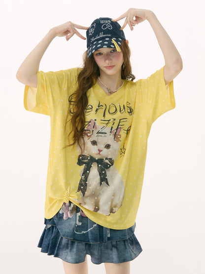 ziziFei - California Dream Cat Print V-Neck Tee tshirt ziziFei