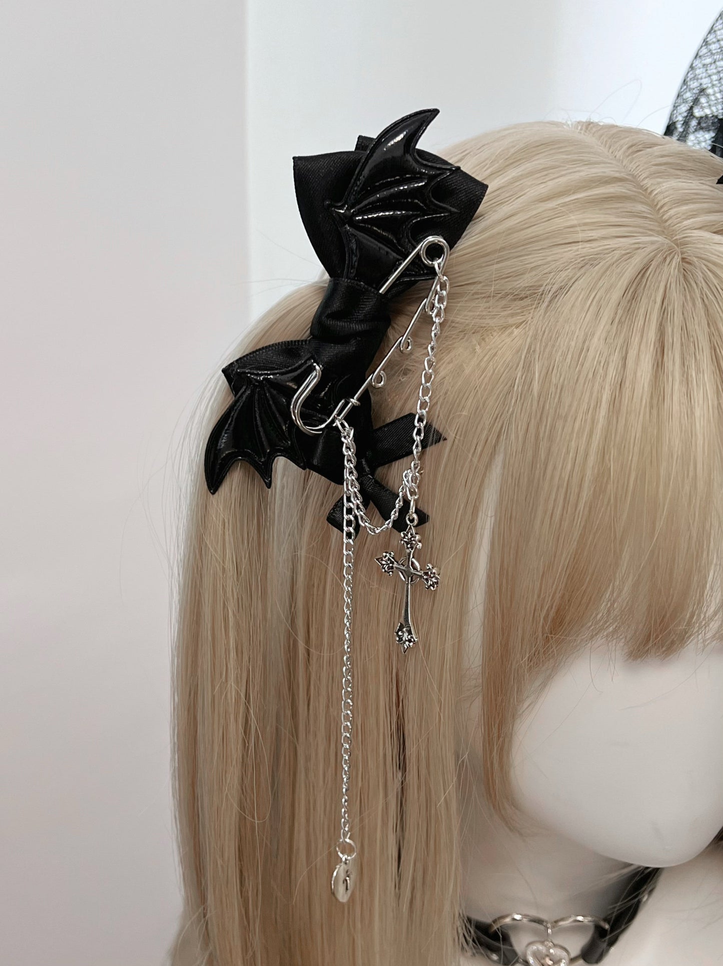 1Gangster Inn - Blue Black Cross Gothic Bow Hair Clip hair clip 1GASTERINN