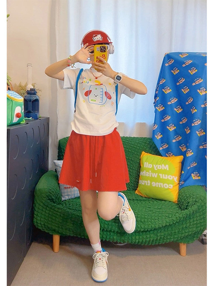 KURIOSITAET - Decora Kei Red Mini Skirt with Built-in Shorts skirt KURIOSITAET