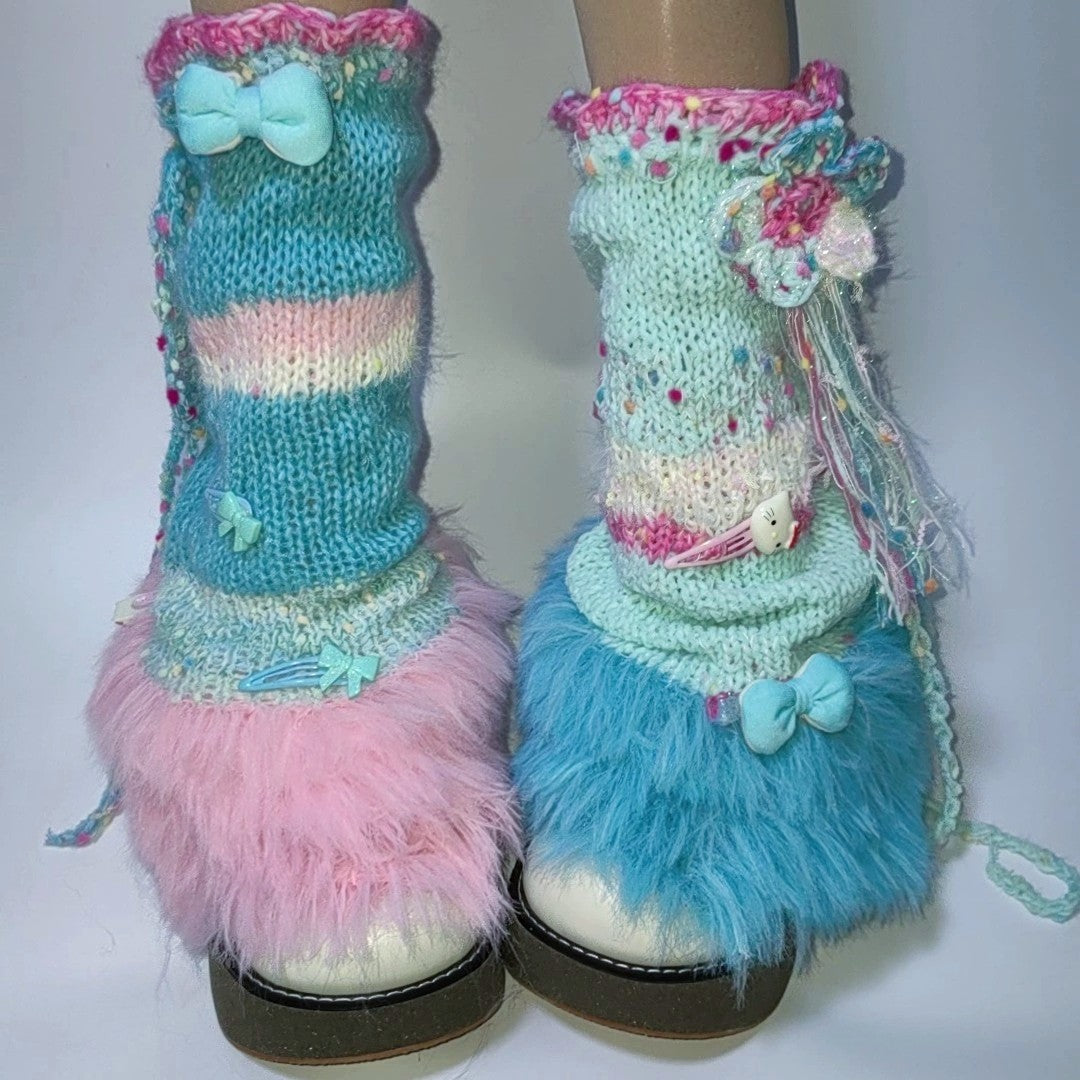 Blue Pink Knit Slouch Leg Warmers leg warmmers Handmade
