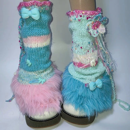 Blue Pink Knit Slouch Leg Warmers leg warmmers Handmade