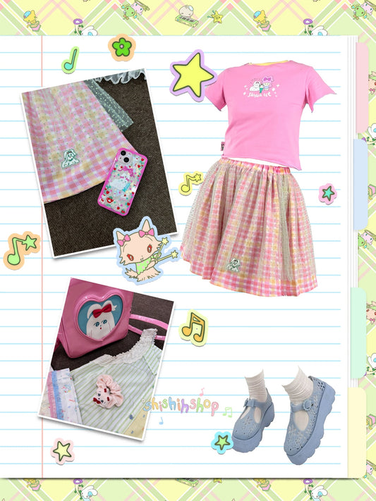 shishihshop – Kawaii Mesh Skirt with Gingham & Polka Dot Layers skirt shishihshop