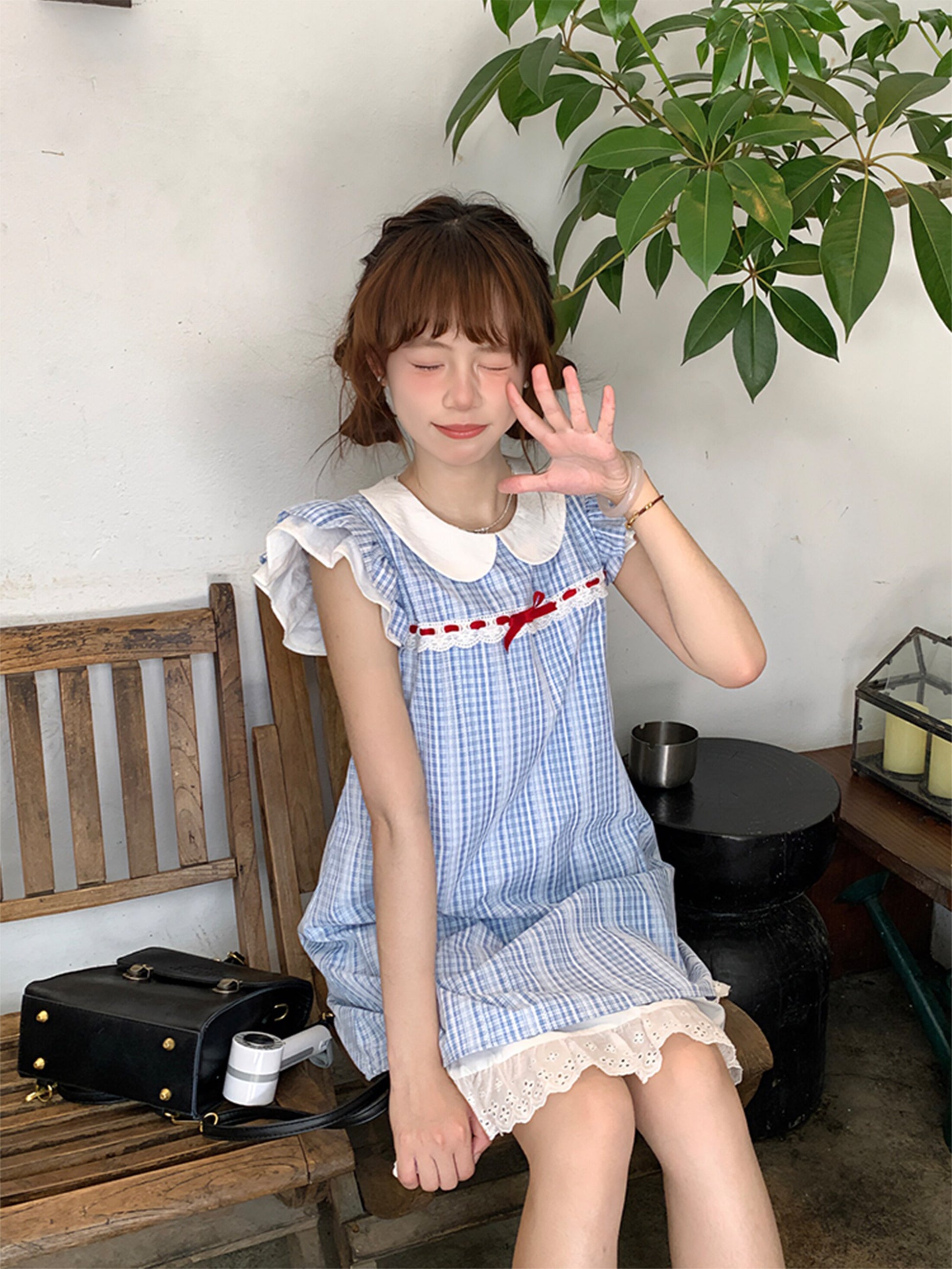 Sinsingirl - Kawaii Blue Plaid Flutter Sleeve Midi Dress dress sinsingirl