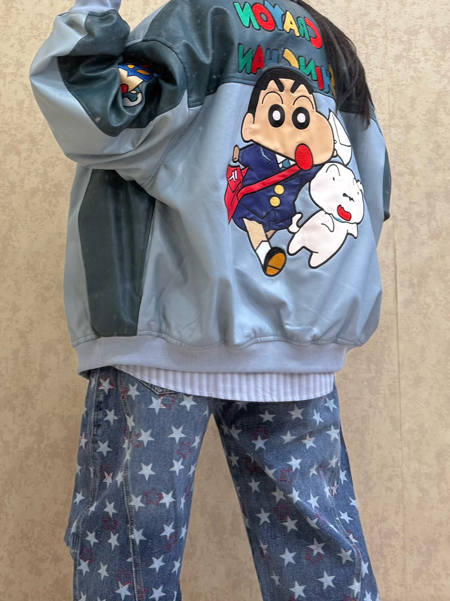 BIBULU - Kidcore Baseball Jacket Blue Embroidered PU Unisex jacket BIBULU