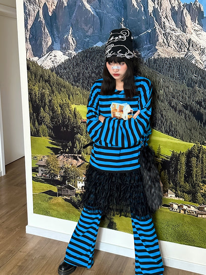 BunnyBunnyGun - Y2K Oversize Long Sleeve T Shirt Blue Black Stripes Shirt shirt bunnybunnygun