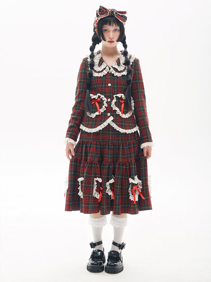 SOS MEME CLUB - Showa Retro Christmas Red Lace Trim Skirt skirt SOS MEME CLUB