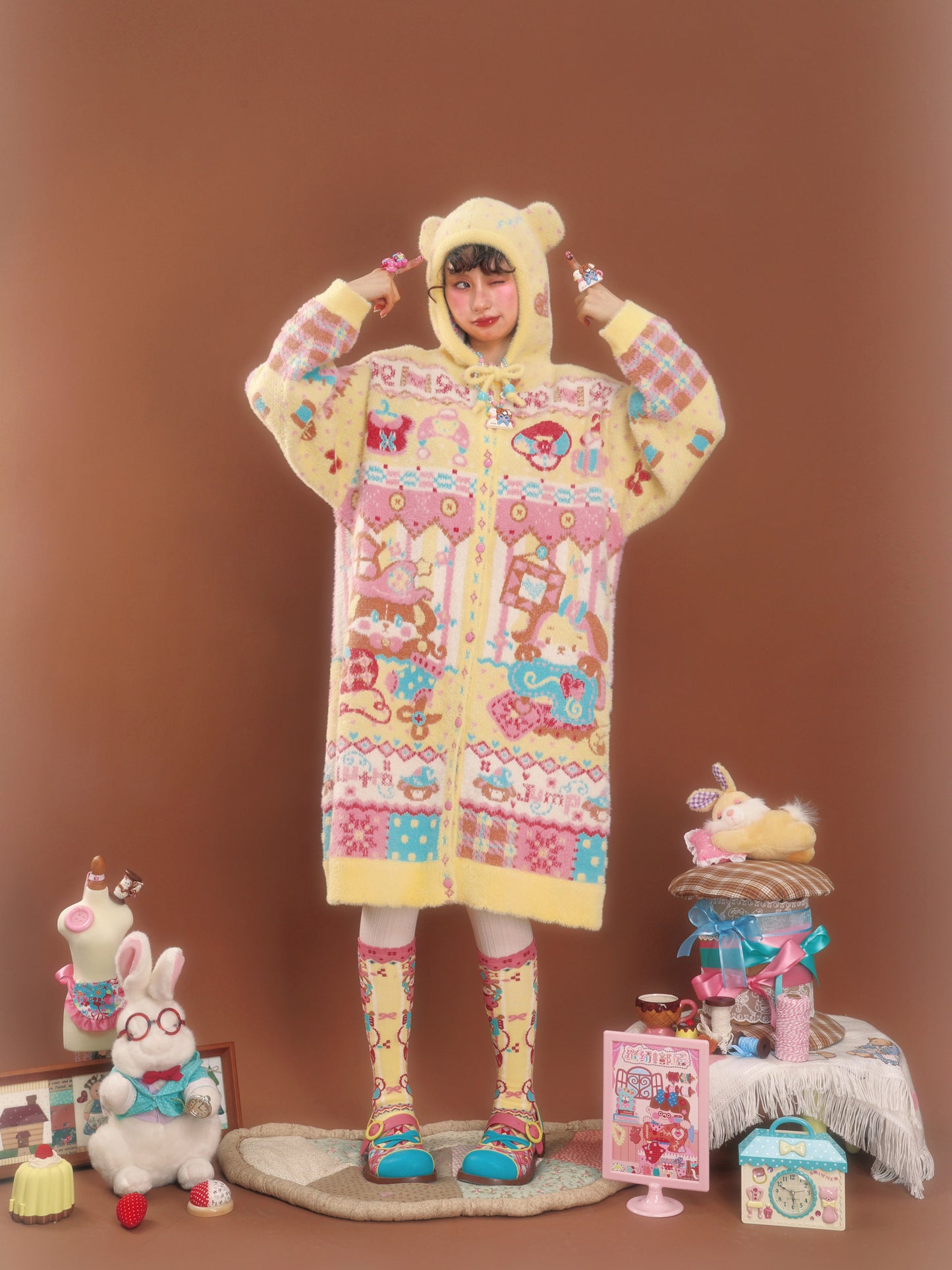 LutraJump - Decora Bear Hood Knit Cardigan dress Lutra Jump