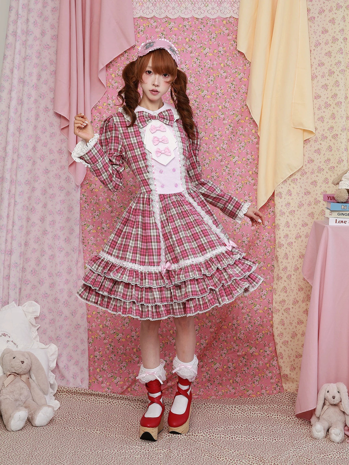 SOS MEME CLUB - Pink Plaid Retro Dress Lolita Fashion Dress dress SOS MEME CLUB