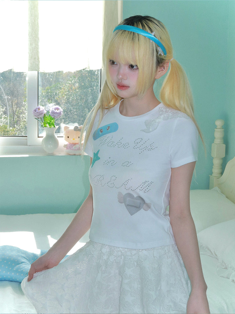 Hashtag DDD – White Dreamy T-shirt with Patchwork Bow Rhinestone tshirt Hashtag DDD