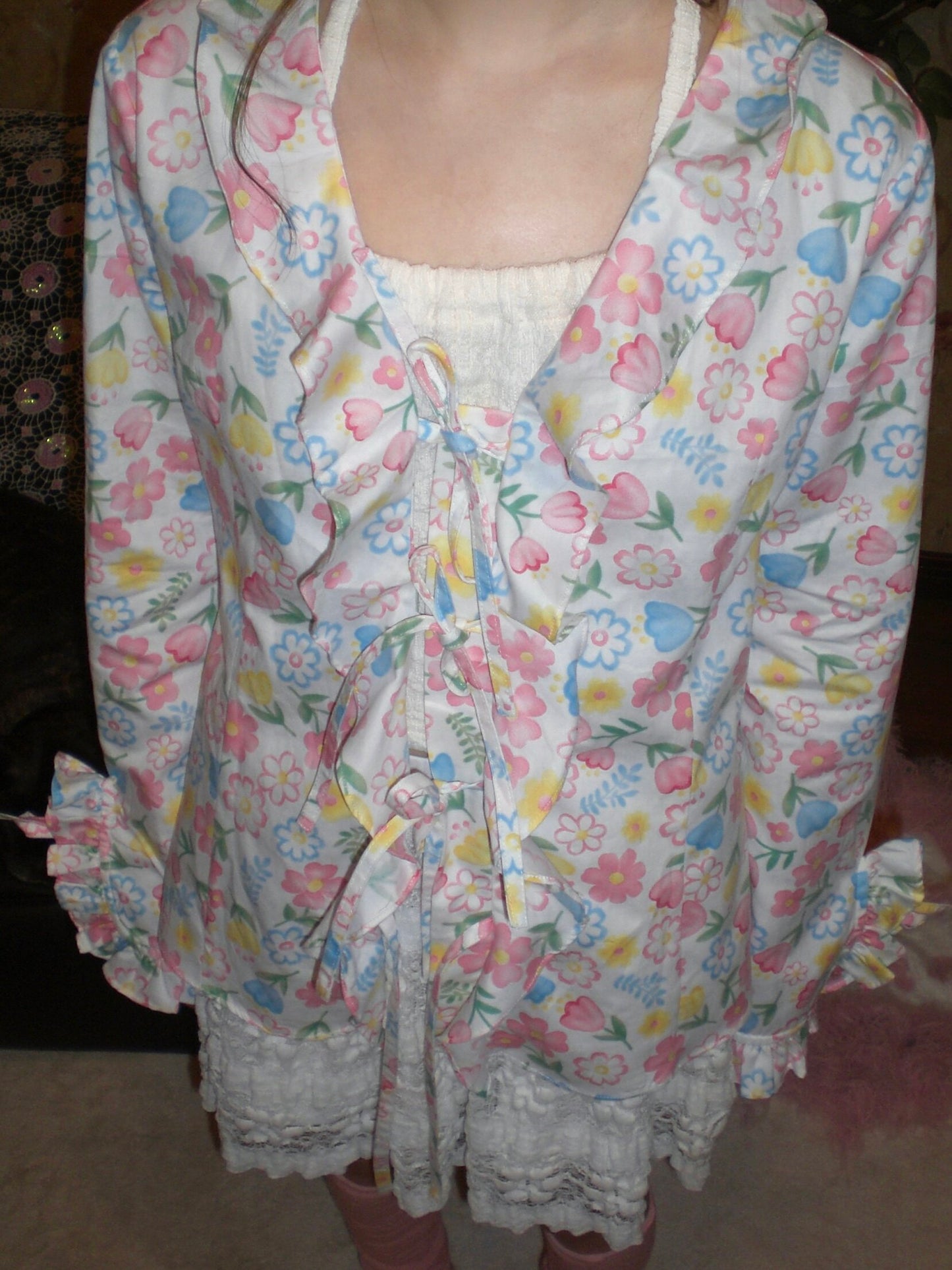 HIBABAO - Floral Ruffle Tie Cardigan Shirt shirt HIBABAO