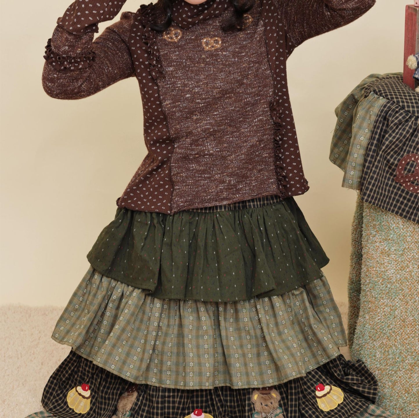 SemenCoicis - Kawaii Colorblock Floral Embroidered Brown Lace Top shirt SemenCoicis