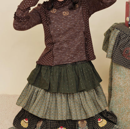 SemenCoicis - Kawaii Colorblock Floral Embroidered Brown Lace Top shirt SemenCoicis