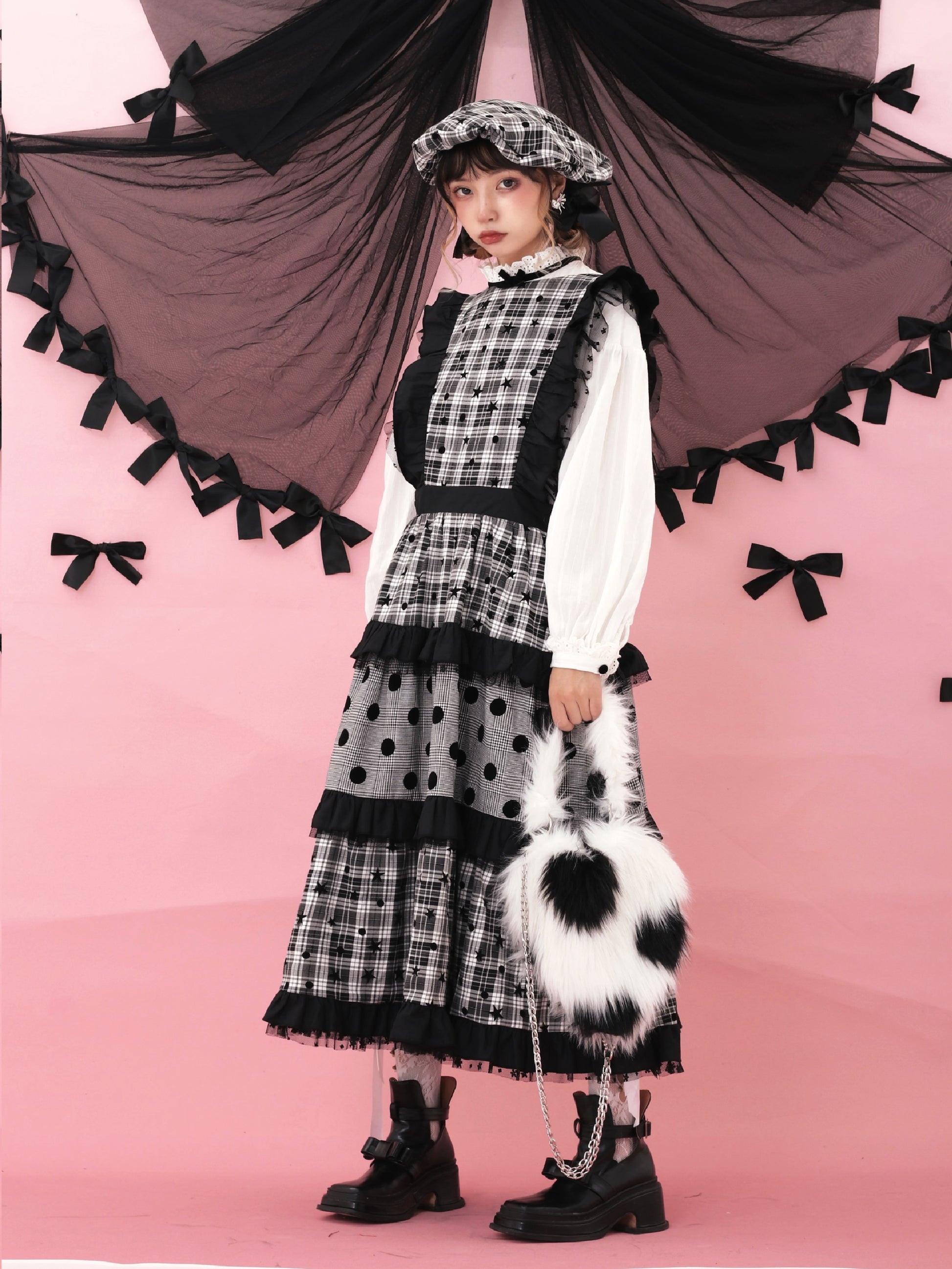 ShiChang Retro Showa Dress | Plaid Tiered Dress | Red Black High Waist Spring Dress dress ShiChang