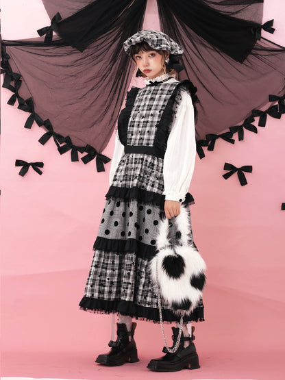 ShiChang Retro Showa Dress | Plaid Tiered Dress | Red Black High Waist Spring Dress dress ShiChang