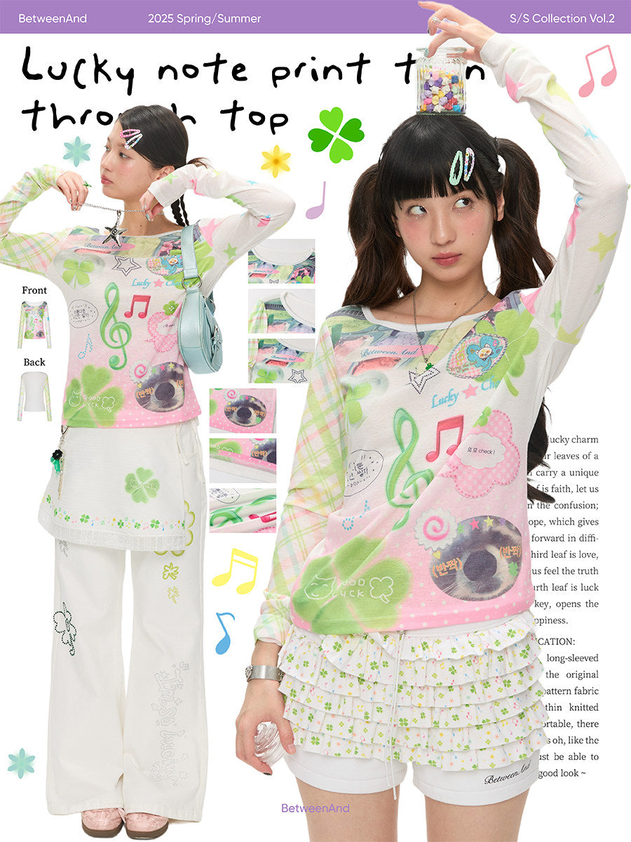 BETWEENAND - Lucky Note Print Long Sleeve Top shirt BETWEENAND