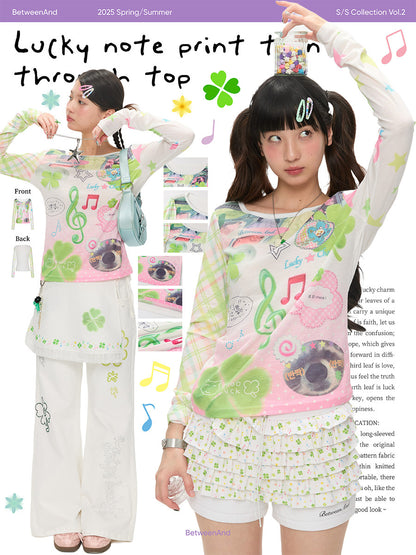 BETWEENAND - Lucky Note Print Long Sleeve Top shirt BETWEENAND