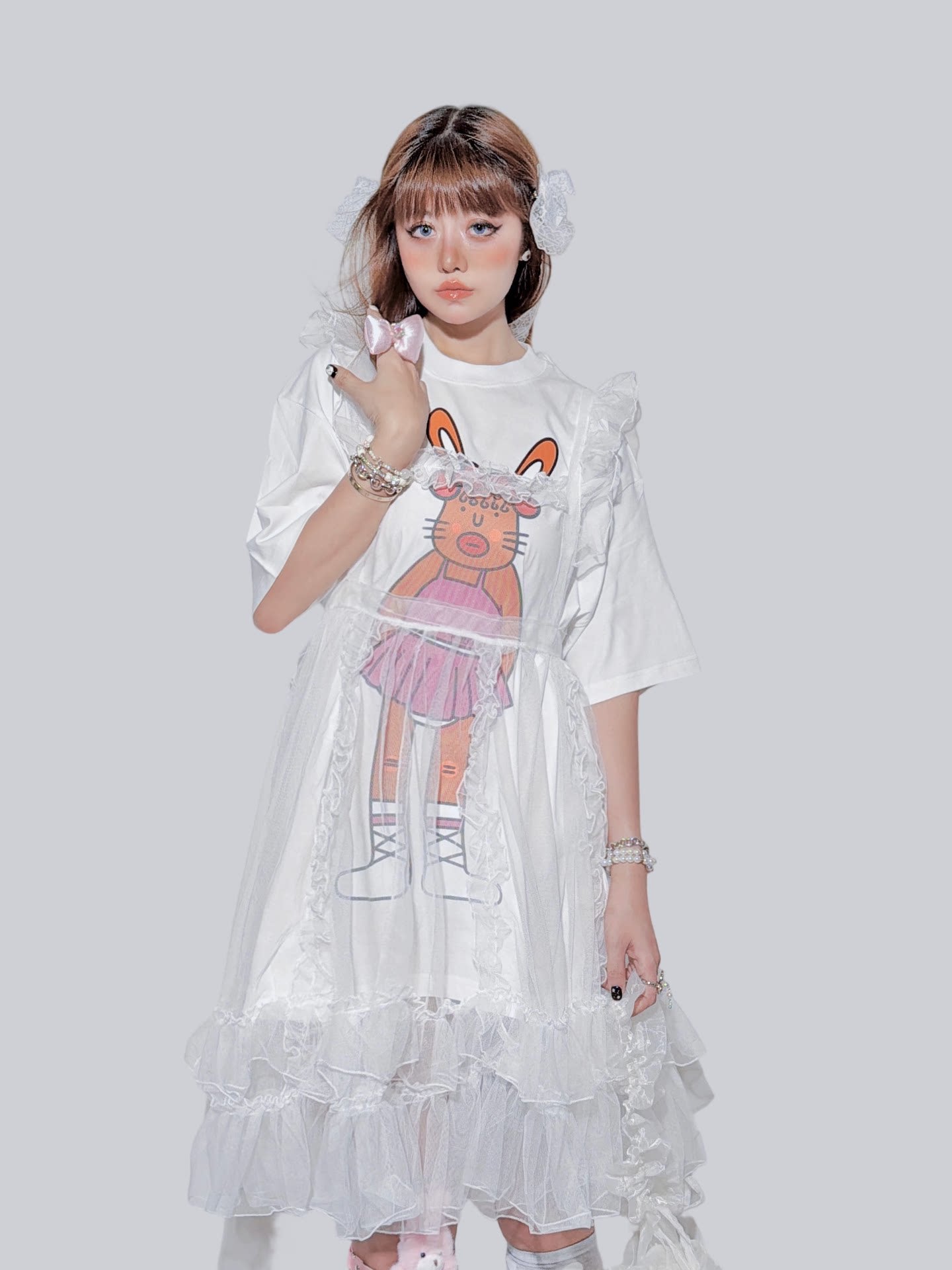 FANLOVEGIRL - Bunny Graphic Layered T-Shirt | Kawaii Harajuku Mesh Overlay Top set FANLOVEGIRL