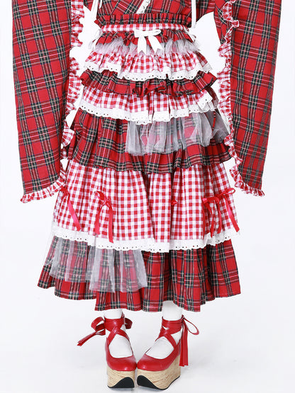SOS MEME CLUB – Showa Red Plaid Modified Kimono Skirt skirt SOS MEME CLUB