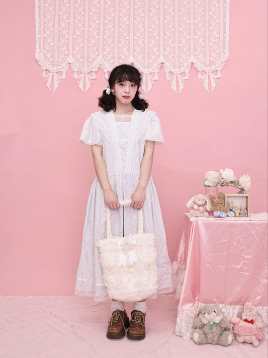 SemenCoicis - Kawaii Floral Sailor Dress - Blue Cotton Lace Trim dress SemenCoicis