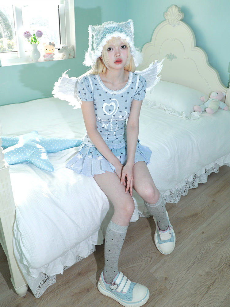 Hashtag DDD – Blue Star Fitted T-Shirt with Lace Trim tshirt Hashtag DDD