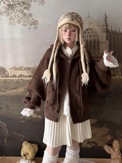 Labeau - Vintage Chunky Knit Hooded Cardigan cardigan Labeau Brown