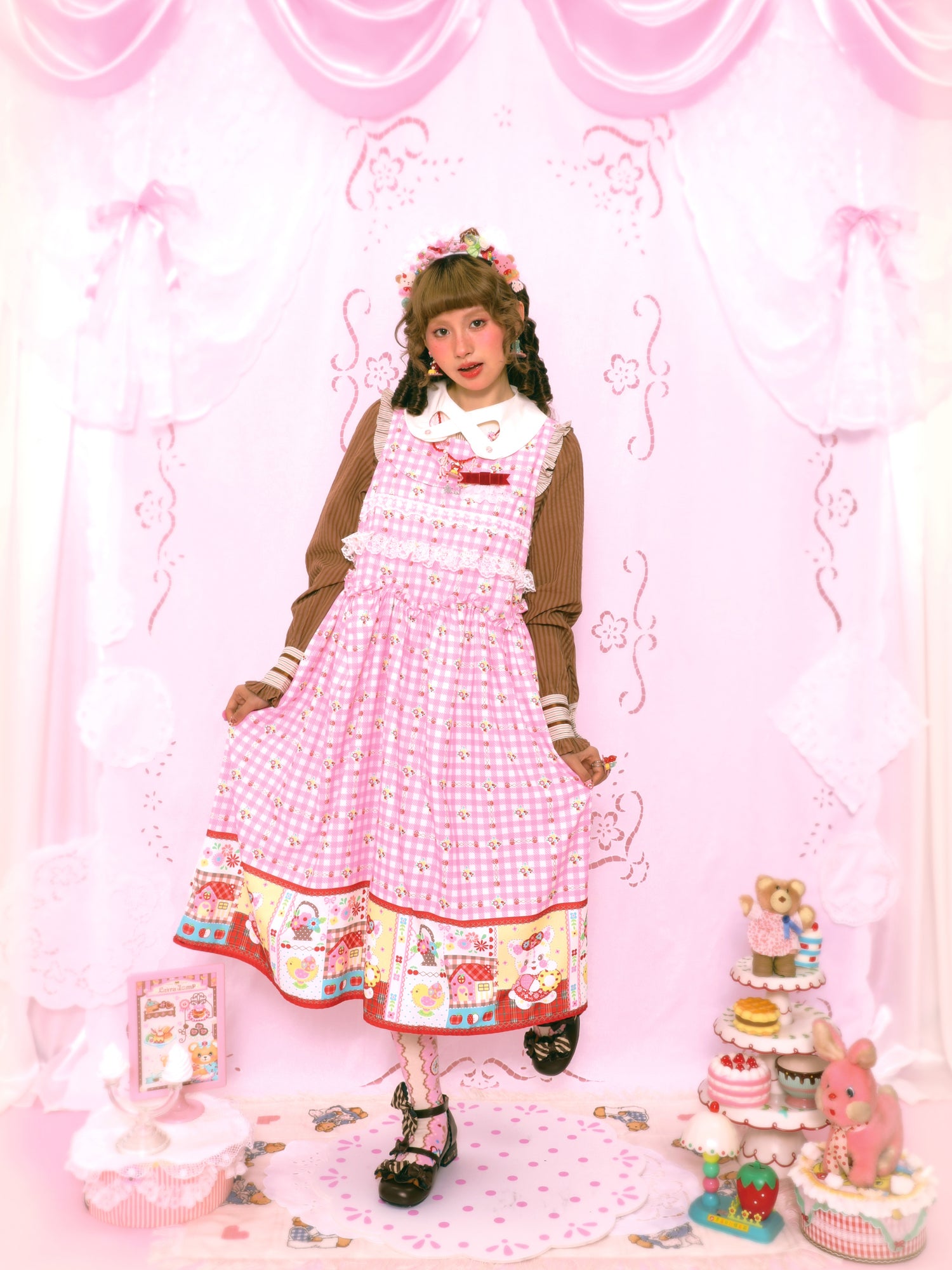 Lutra Jump - Kawaii Pink Plaid Bunny Dress Lace Bow Long Loose dress Lutra Jump