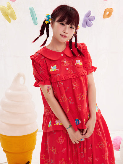 NIKKOU Cute Japanese Doll Collar Blouse | Harajuku Heavy Embroidery Red Shirt blouse Nikkou home