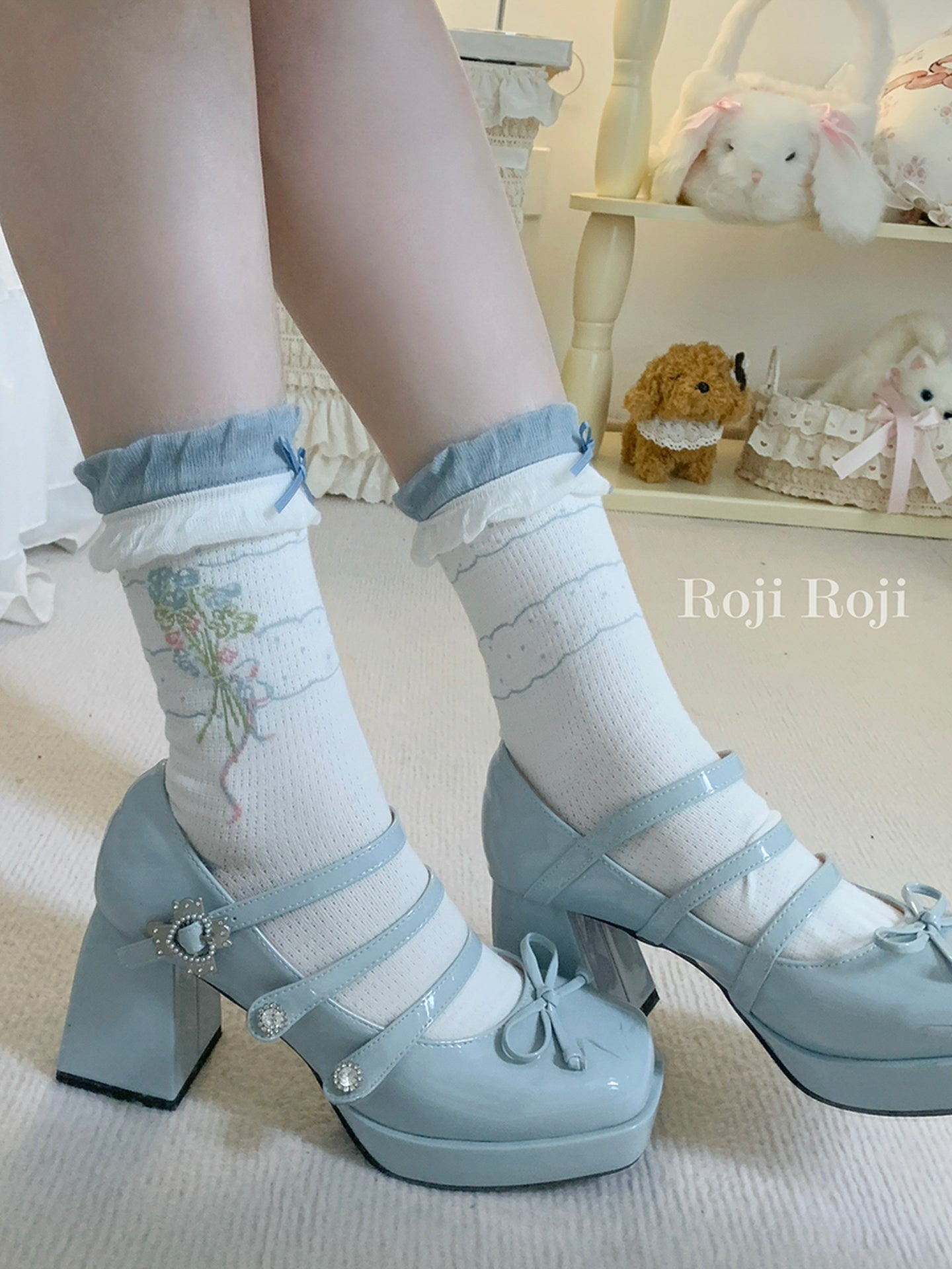 Roji Roji - Kawaii Floral Lace Bow Short Socks Breathable Cotton sock Roji Roji Blue