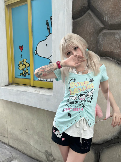 Three Poisons - Dolphin Blue Off Shoulder Top tshirt Three Poisons