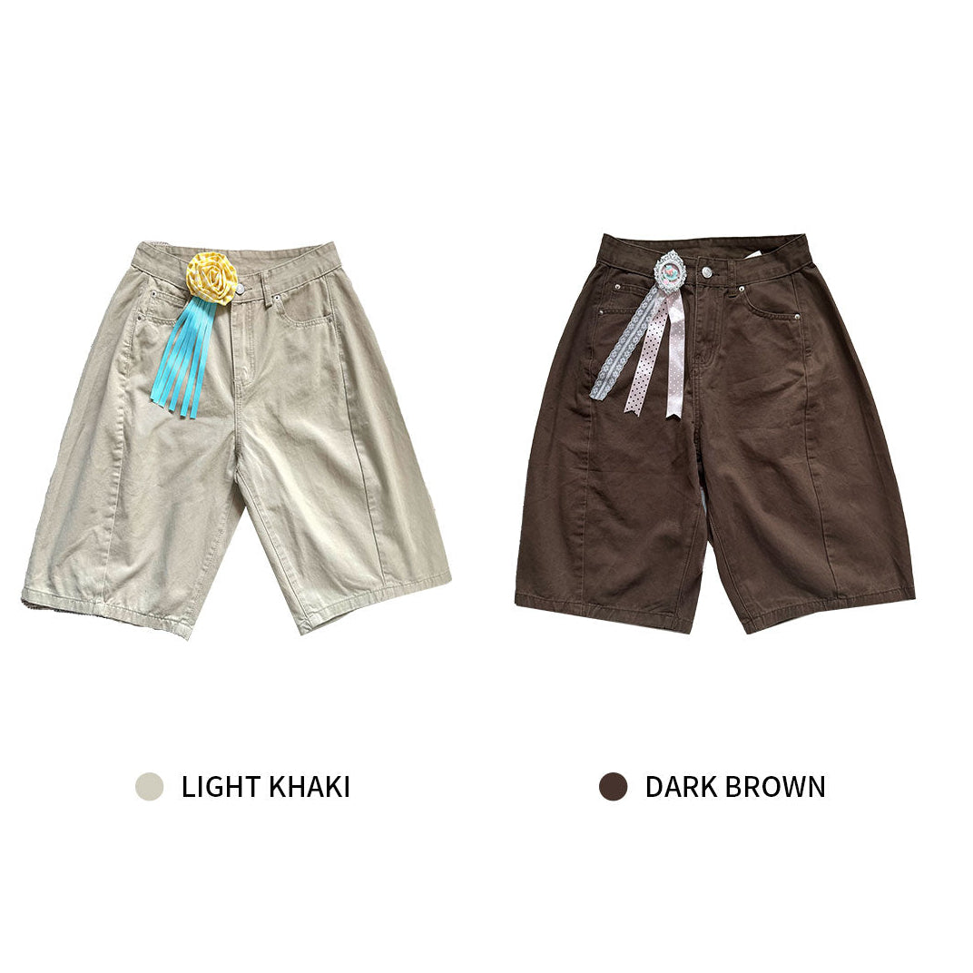 loveplayshop - Wide Leg Cotton Casual Shorts pants loveplay Khaki S