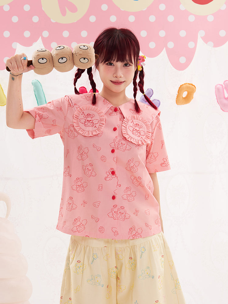 NIKKOU Pink Bunny Embroidered Shirt | Harajuku Bunny Collar Blouse blouse Nikkou home