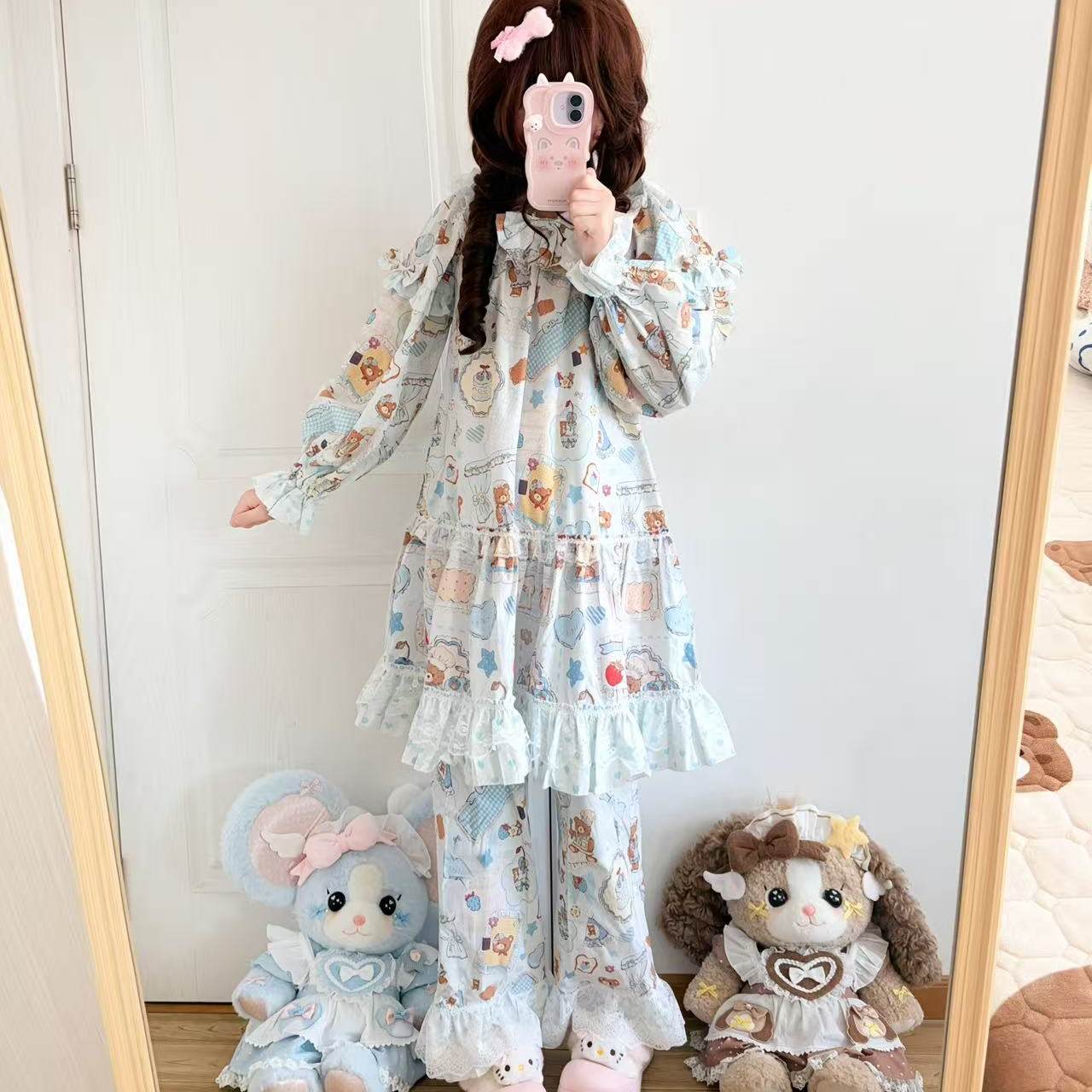Sweet Dream Bear - Pink Cotton Sleep Dress Set pajama A Cat