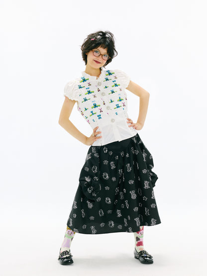 sillysis - Colorful Lace Puff Sleeve Blouse shirt sillysis