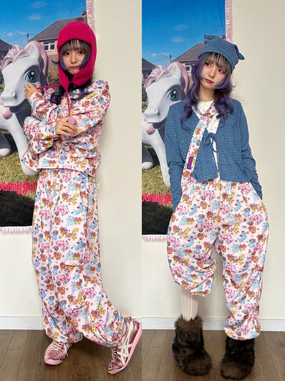 BunnyBunnyGun - Harajuku Vintage Animal Sweatpants Pink Fleece Loose pants bunnybunnygun