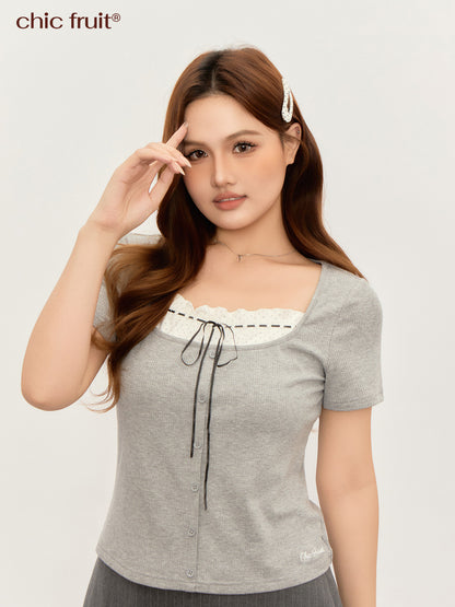 CHIC FRUIT - Square Neck Lace Knit Top tshirt Chic Fruit