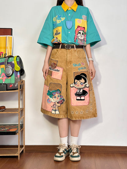 Khaki Cartoon Applique Embroidered Capri Pants pants soldout