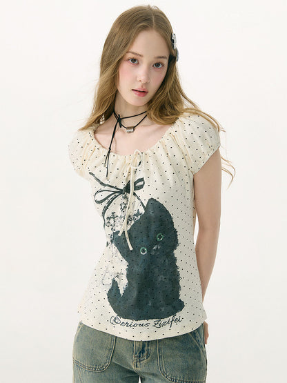 ziziFei - Cat Star Off-Shoulder Bubble Sleeve Tee tshirt ziziFei
