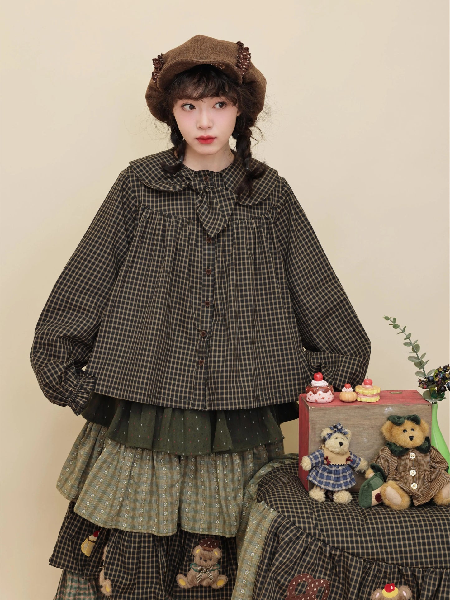 SemenCoicis - Kawaii Dark Green Plaid Bow Collar Shirt shirt SemenCoicis