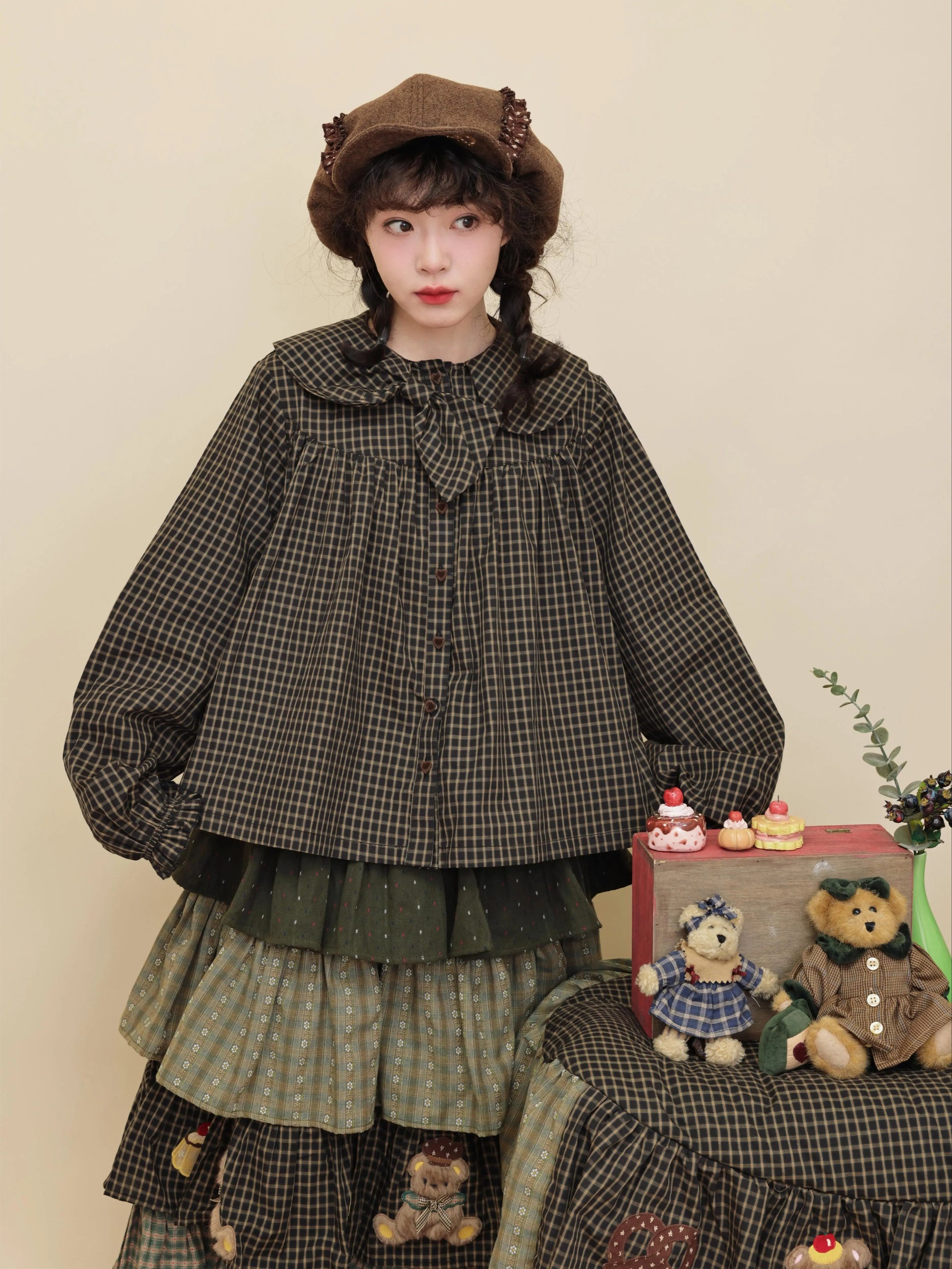 SemenCoicis - Kawaii Dark Green Plaid Bow Collar Shirt shirt SemenCoicis