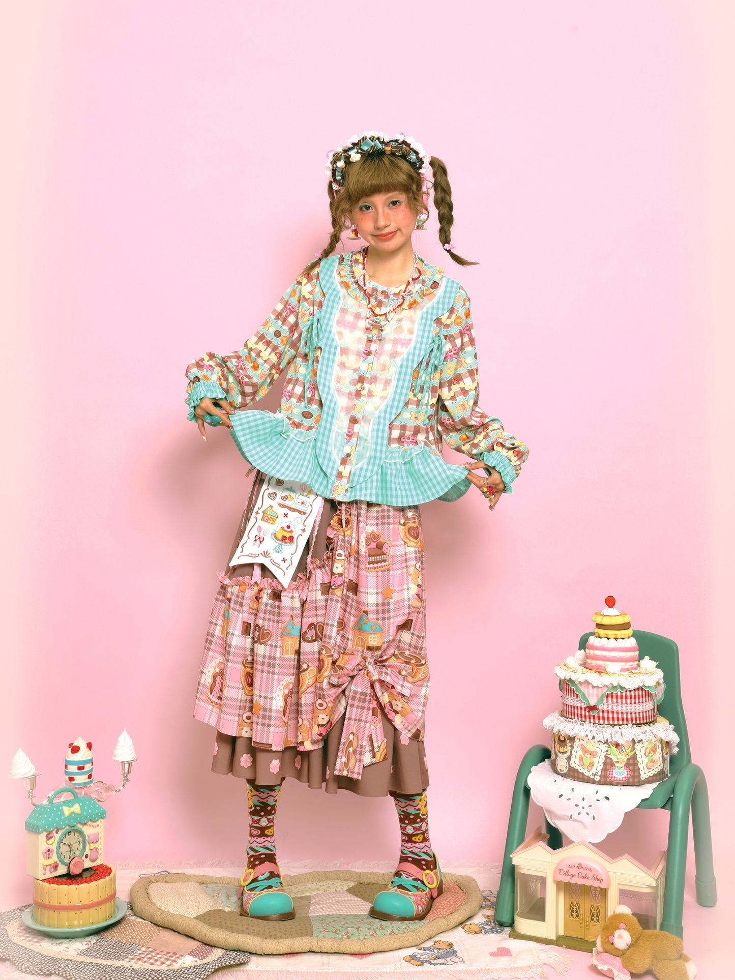 LutraJump - Kawaii Plaid Embroidered Bow Elastic Waist Skirt