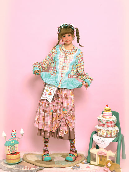 LutraJump - Kawaii Plaid Embroidered Bow Elastic Waist Skirt
