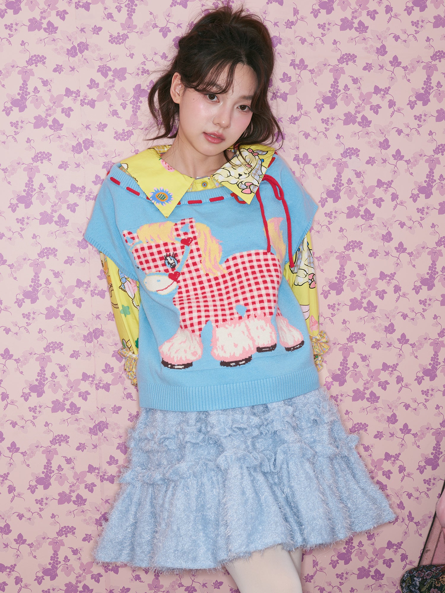 tntntutu - Kawaii Plaid Pony Knit Vest vest tntntutu