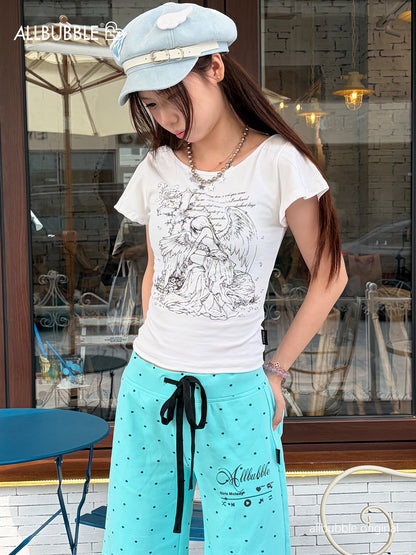 Allbubble - Angel Print Ruffle Sleeve Crop T-Shirt tshirt Allbubble