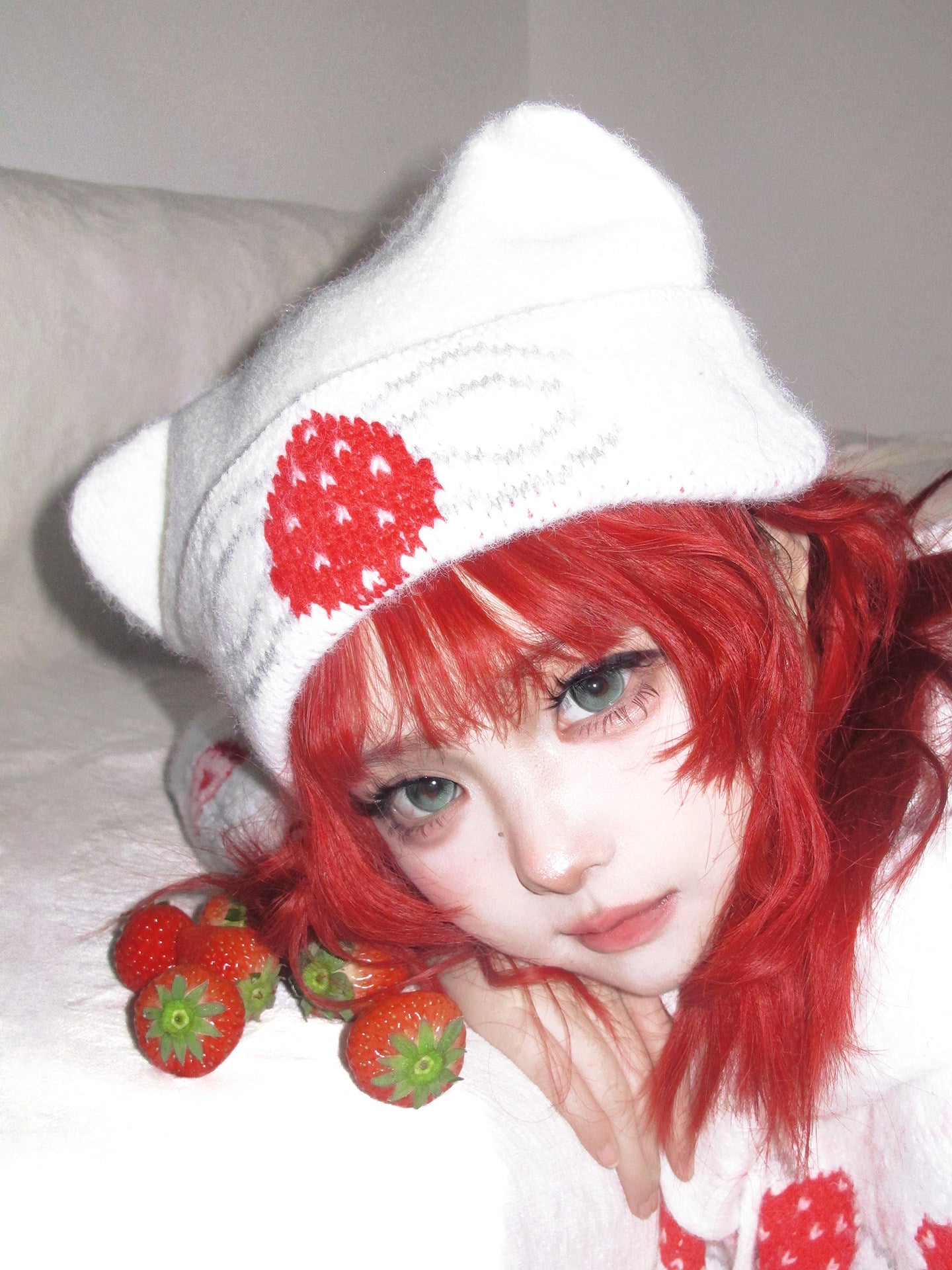 daytoday everyday institute - Strawberry Cat Ear Knit Beanie hat daytoday everyday institute