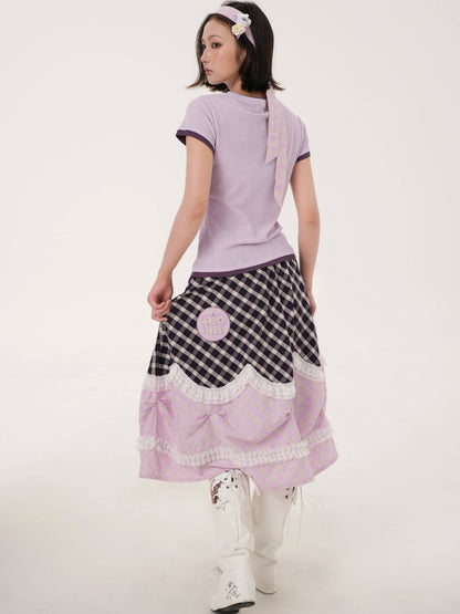 RabbitRain - Purple Plaid Pudding Cake Embroidered Skirt skirt RabbitRain