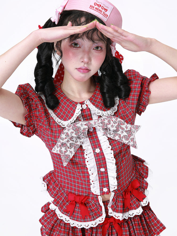 SOS MEME CLUB - Showa Red Plaid Short Sleeve Shirt blouse SOS MEME CLUB